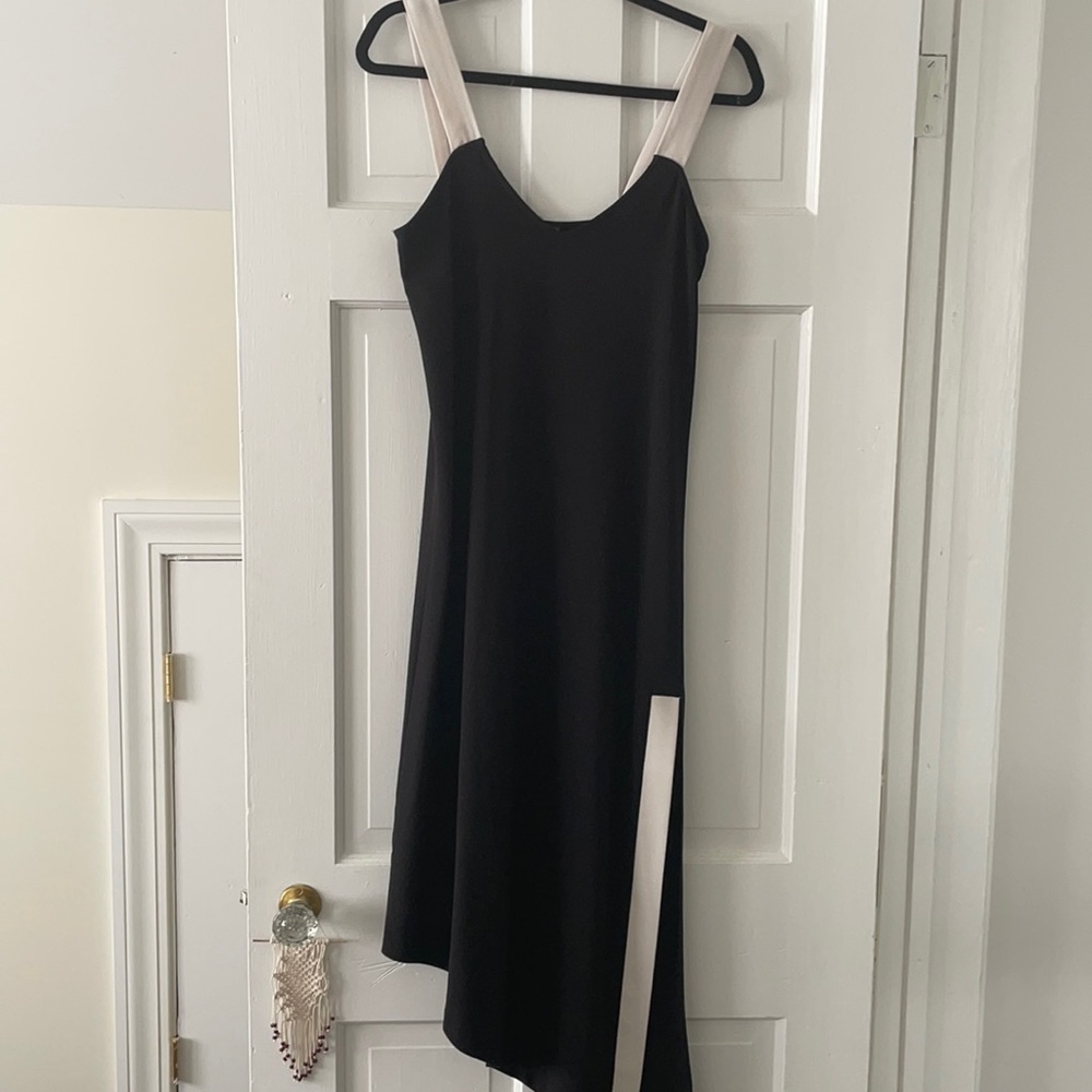 Black midi dress with white straps